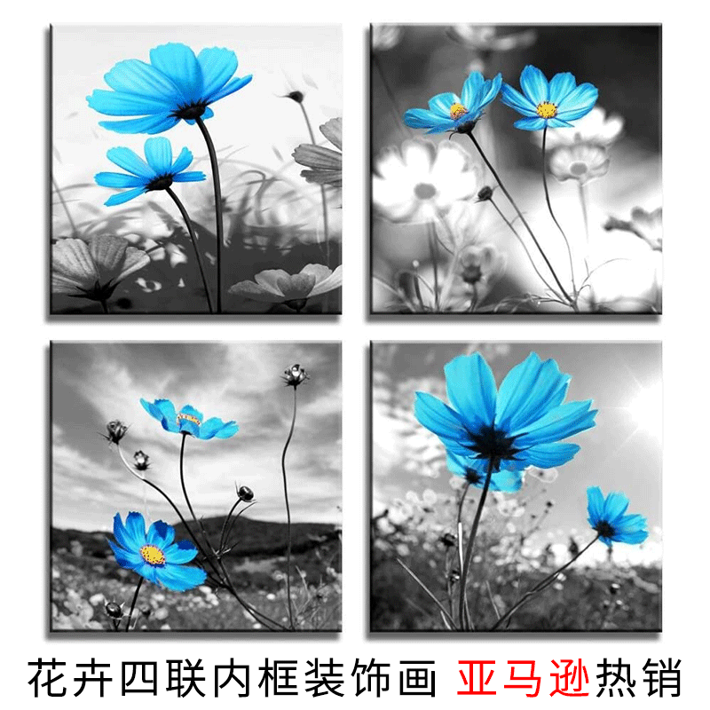 亚马逊热销孔雀蓝花客厅挂画黑白简约帆布画芯风景卧室无框装饰画