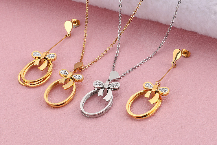 Japanese and Korean New Fresh Fashion Titanium Steel Bow Geometric Hollow Necklace Earrings Womenu00