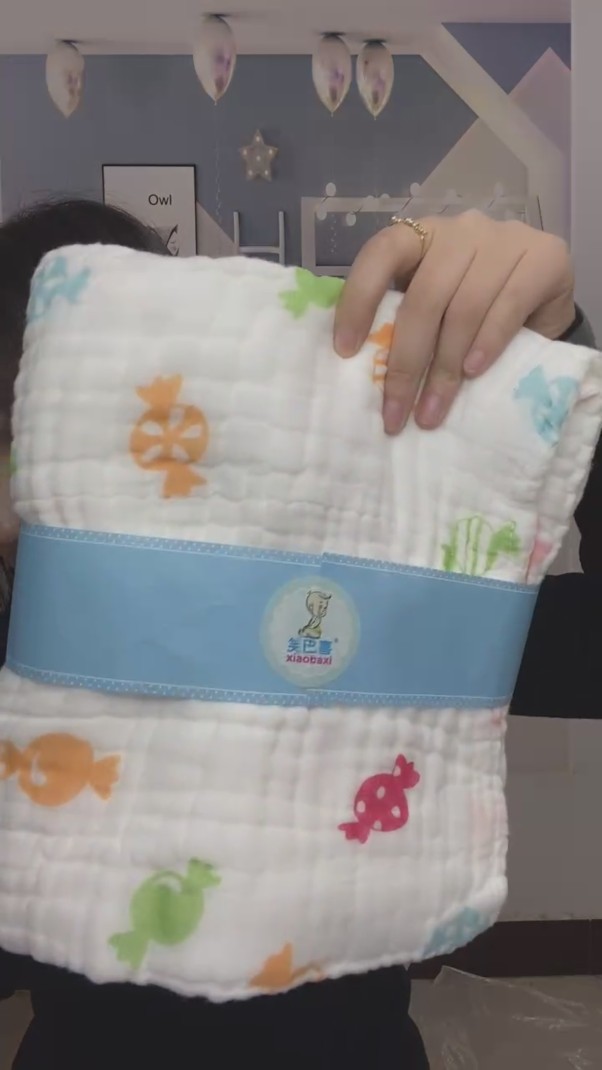 笑bx六层泡泡纱浴巾105*105糖果图案|ms