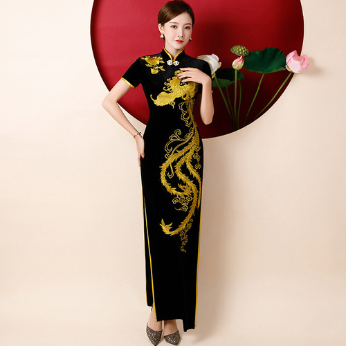 Chinese Dress Qipao for women Cheongsam show high-end performance dress velvet country retro women dress