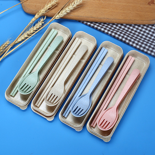 Wheat straw three-piece tableware set, portable children's tableware set, spoon, fork and chopsticks, small opening gifts