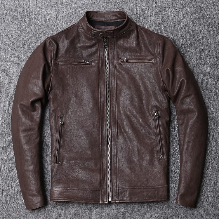 捡漏 意大利油蜡植鞣树皮纹绵羊皮 真皮皮衣男机车立领短款皮夹克|ms
