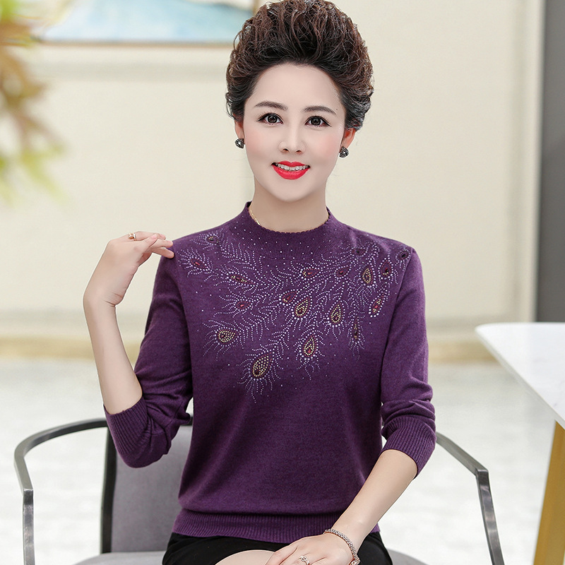 Mom's Autumn Knitted Wool Sweater Thin Middle-aged Sweater Crewneck Pullover T-shirt Grandma's Base Shirt Top Women's Clothing