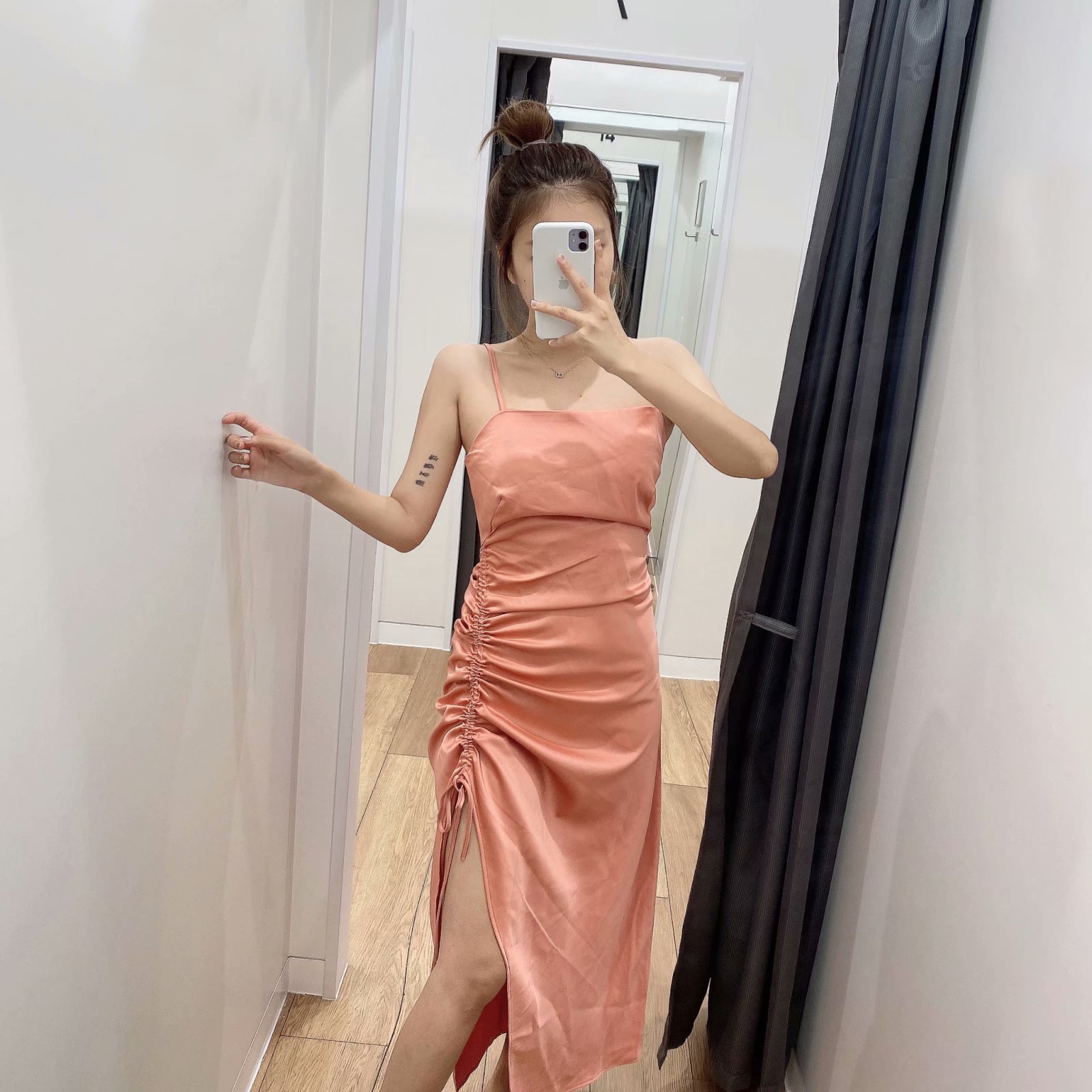 high-end pleated sling satin dress  NSAM8821