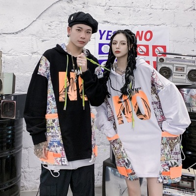 簡約字母多口袋連帽衛衣 2020冬韓流寬松休閑嘻哈拼接連帽衫男女