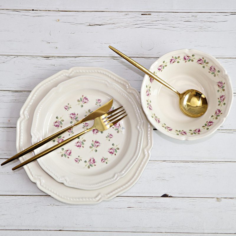 Xinming francés retro vajilla calcomanías en relieve hogar placa de cerámica tazón occidental placa plana plato de fruta ensalada tazón