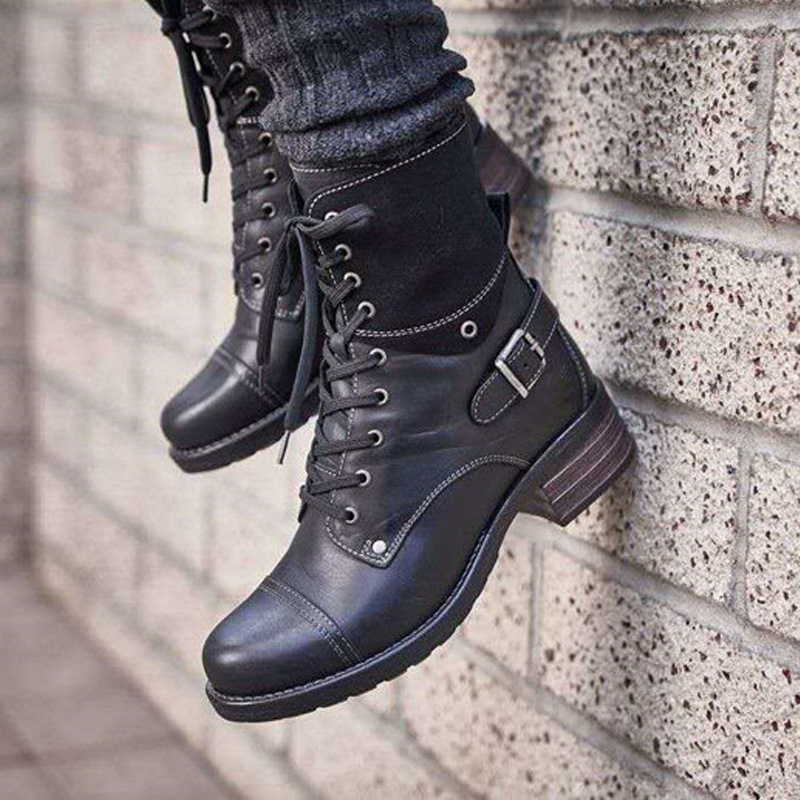 New round head women's thick heels lace-up solid color women's motorcycle boots_voghion.com
