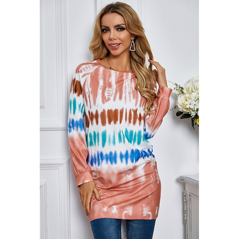 color tie-dye long sleeve loose round neck dress  NSSA26079