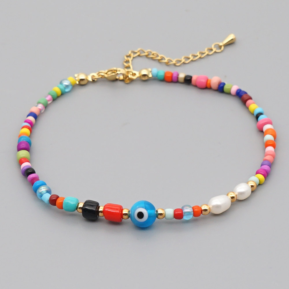 Bohemian Ethnic Style Eye Beads Rainbow Rice Beads Baroque Natural Freshwater Pearl Anklet Women display picture 1