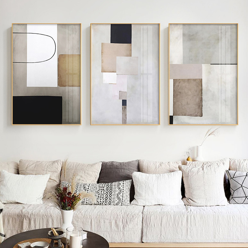 Modern minimalist abstract geometric sofa hanging painting decorative painting living room abstract atmosphere triple painting bedroom hallway mural