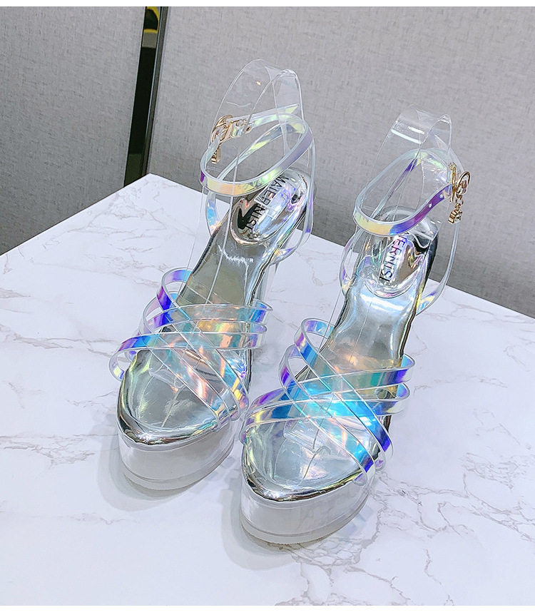 Giày sandal nữ gót nhọn trong suốt pha lê quai chéo mùa hè — Màu bạc, Màu vàng sâm panh chi tiết 23