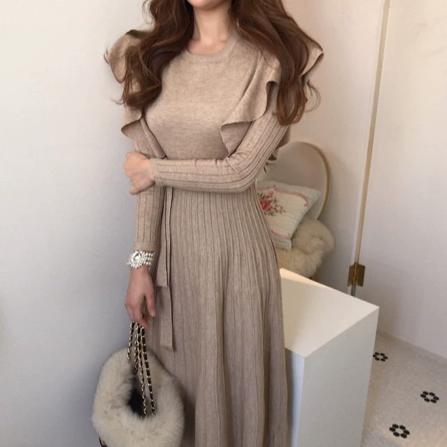 Демисезонное жакетное изделие, вязаное платье, длинный свитер, корейский стиль, городской стиль, средняя длина