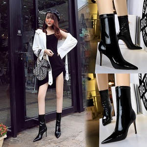 315-13 European and American fashion sexy nightclub show thin shiny patent leather elastic thin thin pointed boots and w