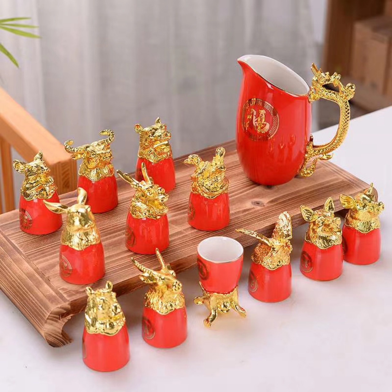 酒具12生肖描金套装高档礼盒中式白葡萄酒红色带钻皮箱酒具整套