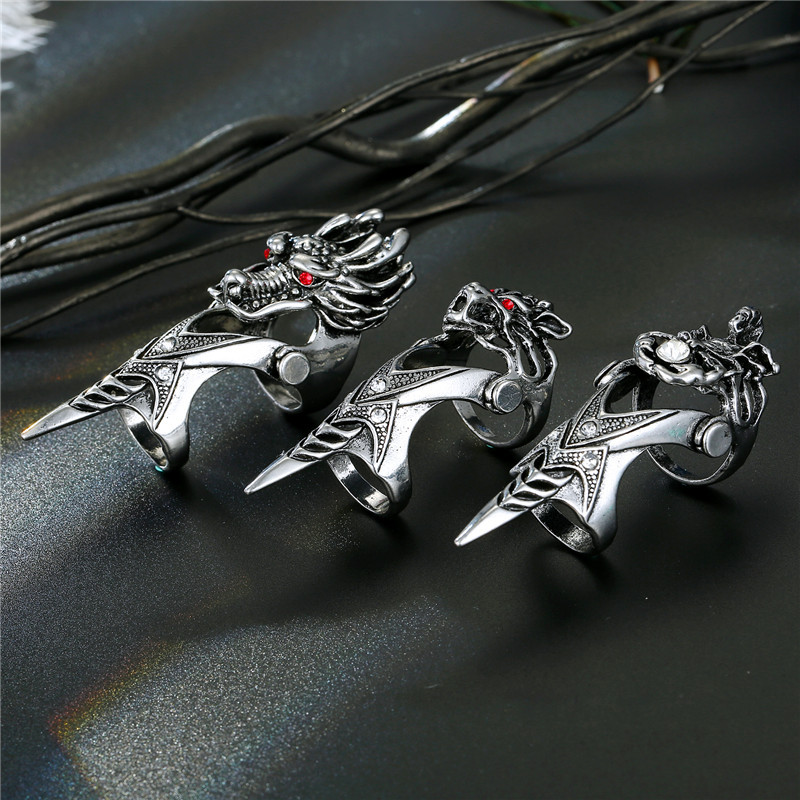 Retro Dragon Head Skull Long Metal Ring display picture 9