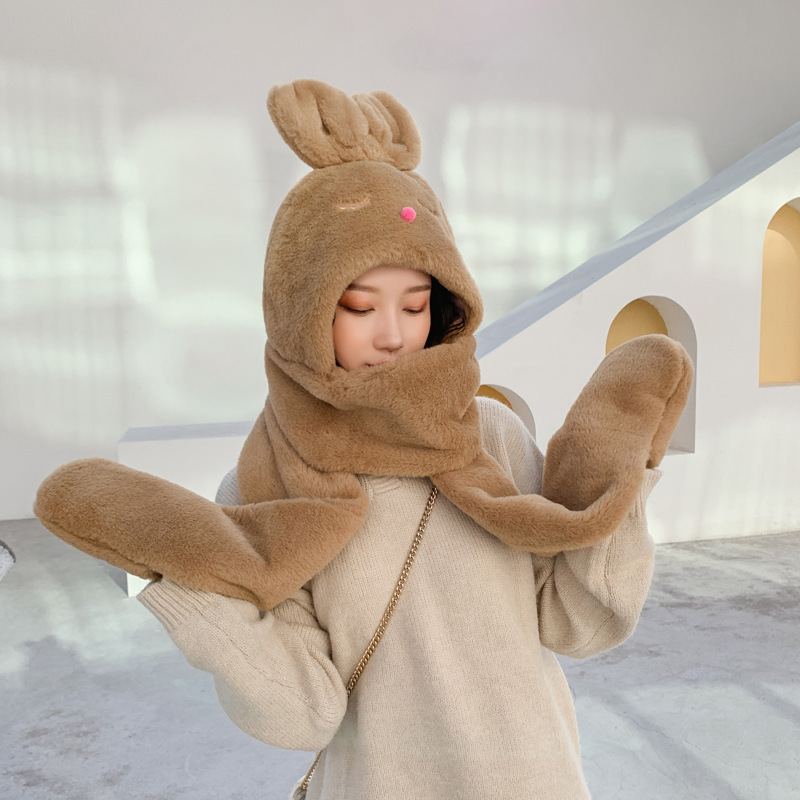 帽子女韩版连体帽保暖防风滑雪帽冬季可爱兔耳朵一体帽子围巾手套