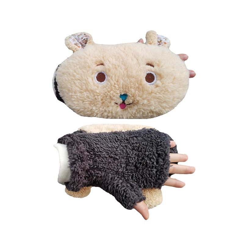 手套冬季加绒保暖可爱韩版地摊男半指毛绒卡通保暖露指手套触屏|ms