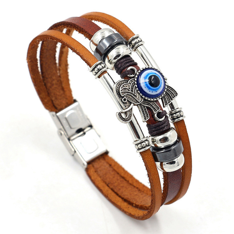 European and American Style Blue Eyes Elephant Cowhide Bracelet Fashion Multi-Layer Beaded Woven Bracelet Stainless Steel Buckle Couple Jewelry European and American Style Blue Eyes Elephant Cowhide Bracelet Fashion Multi-Layer Beaded Woven Bracelet Stainless Steel Buckle Couple Jewelry