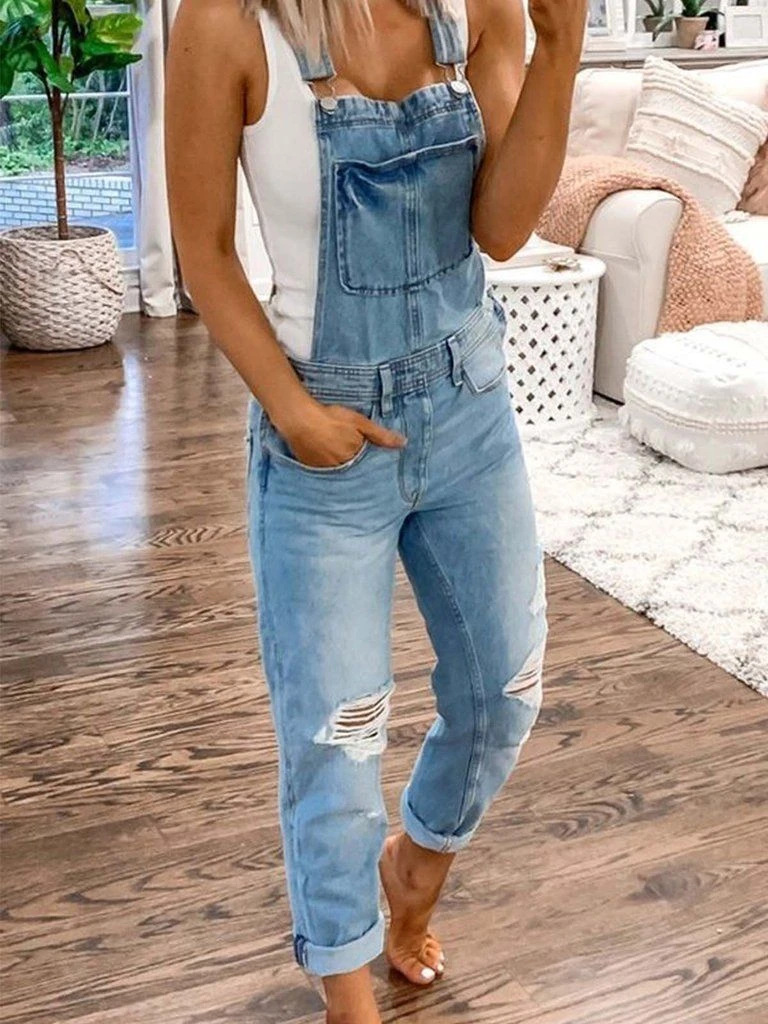 New Sports Shoulder Straps Ripped Denim Jumpsuit Women's Casual
