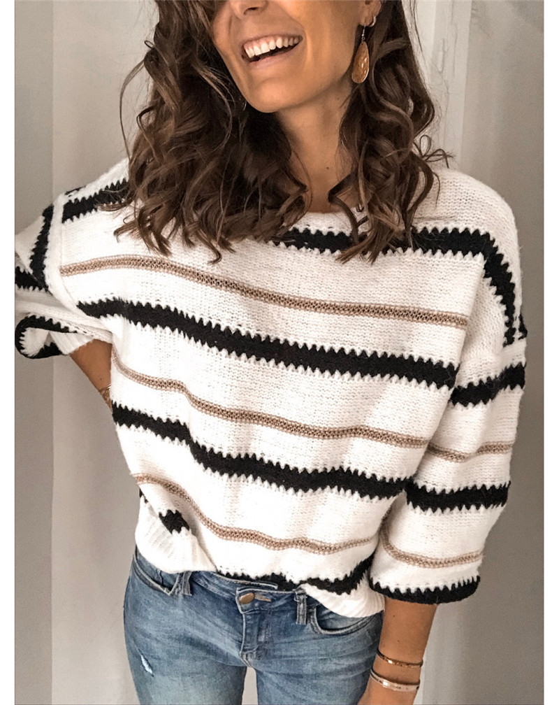 stitching metal striped loose pullover sweater  NSBTY62697