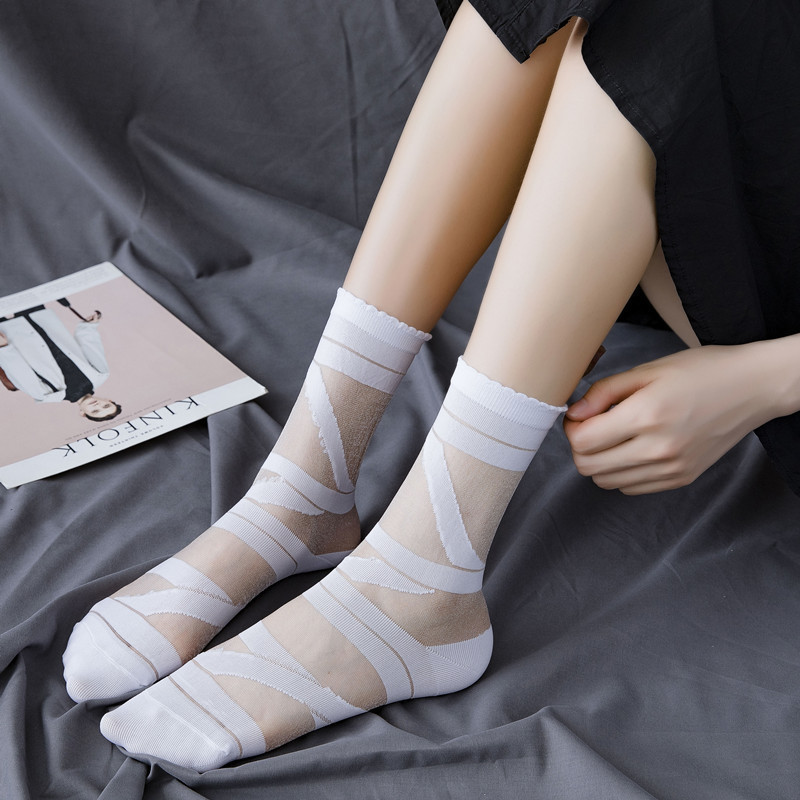 Summer Lolita White Tie Cas Strap Mummy Socks Children Japanese Style Soft Girl Transparent Student Crystal Cotton Socks
