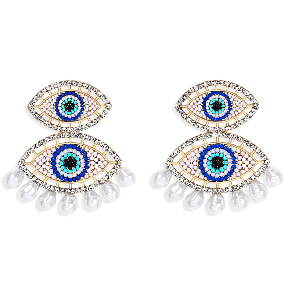 Irregular Geometric Blue Eyes Diamonds Stitching Pearl Tassel Earrings Wholesale display picture 5
