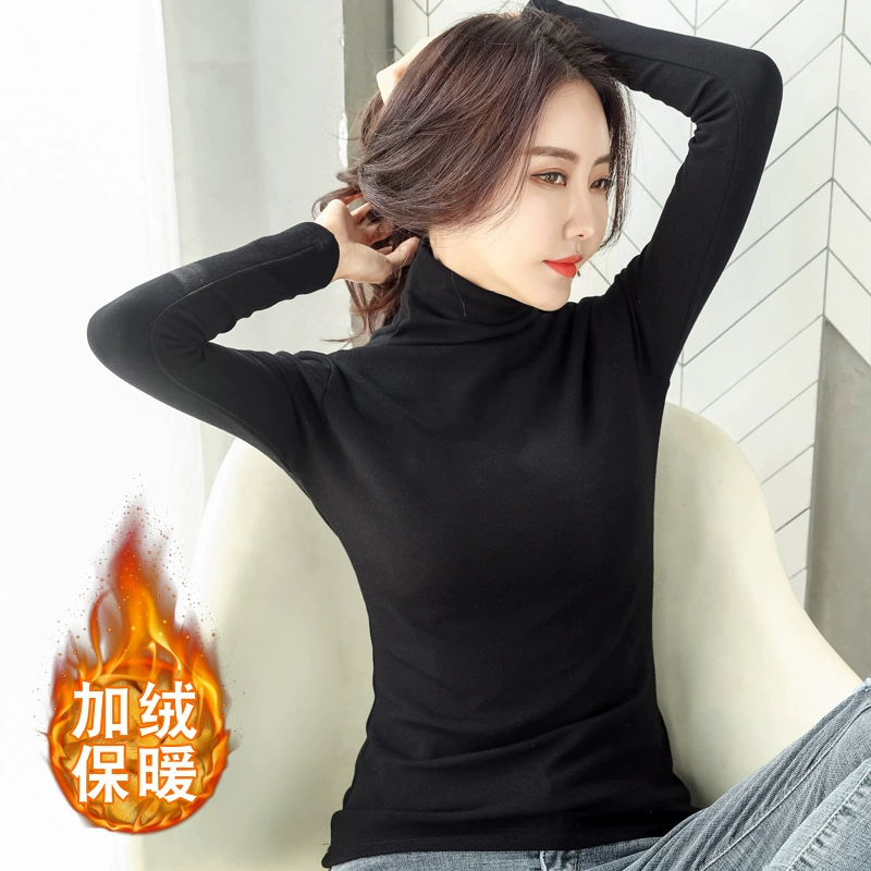 Базовая рубашка-водолазка с флисовой подкладкой, Женская однотонная, Новинка осени и зимы 2023, приталенная, стройнящая Студенческая футболка с длинными рукавами, Женская модная рубашка