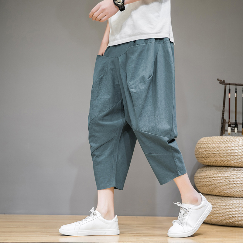 2023 Nepal cropped pants men's trendy Chinese style cotton linen bloomers Japanese style plus size loose harem radish pants