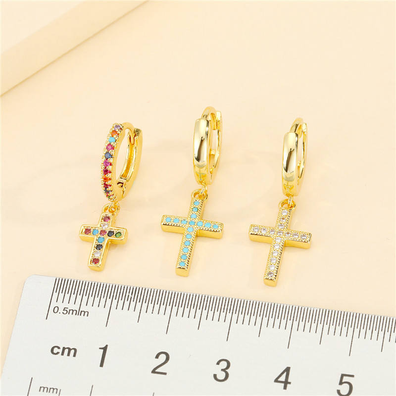 Korean Retro  Colored Diamond Cross Earrings display picture 1