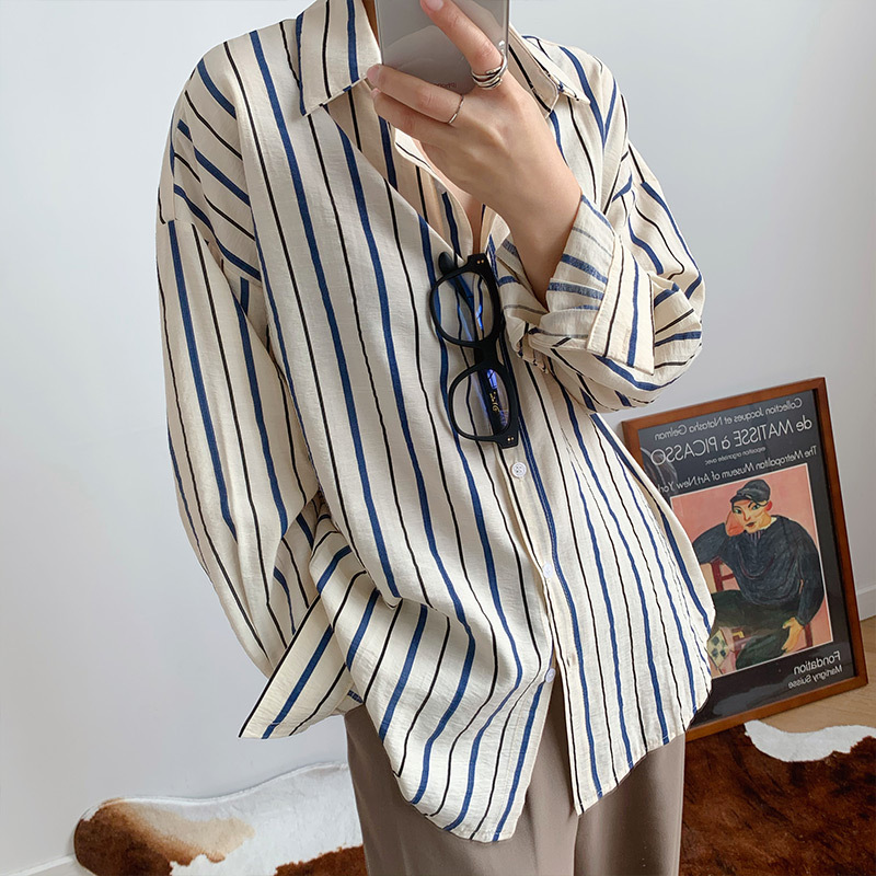 Small fragrance 2021 spring new shirt female retro striped loose lapel loose women's shirt 2631