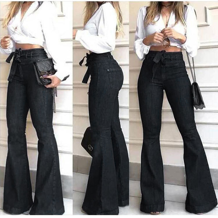 High Waist Micro-Elastic Lace-Up Flared Wide-Leg Jeans NSWL63933
