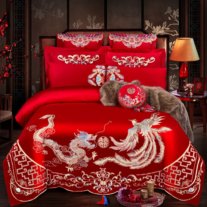 2020 new pattern pure cotton Wedding celebration Four piece suit bright red Cotton Kit Embroidery marry Embroidery Marriage room Six piece set bedding