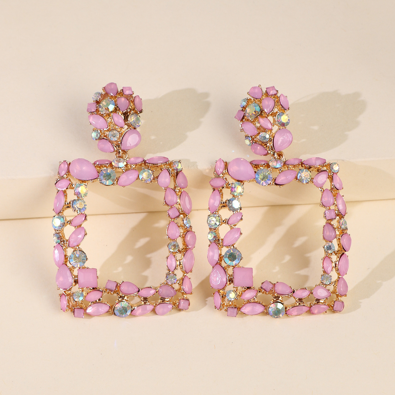 Geometric Stained Glass Diamond Hollow Earrings Long Earrings With Accessories Wholesale Nihaojewelry display picture 16