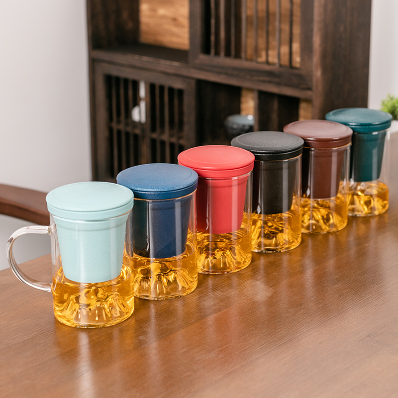 玻璃茶水分离水杯陶瓷过滤带盖办公杯远山创意泡茶杯免费定制LOGO