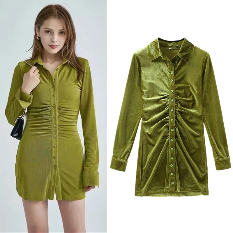 外贸批发欧美纯色丝绒裙修身褶皱收腰翻领单排扣长袖连衣裙女短裙