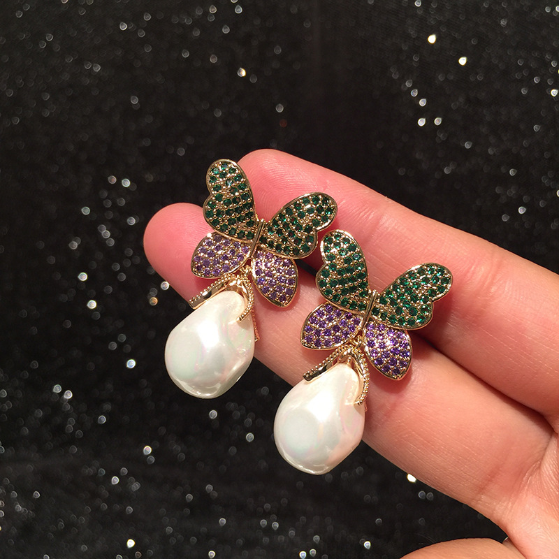 Color Butterfly Earrings Super Fairy Luxury Atmospheric S925 Silver Needle Irregular Pearl Pendant Retro Earrings display picture 6