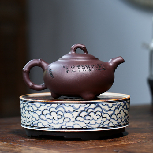 Manufacturer wholesale Yixing purple clay teapot famous hand-painted carved teapot original mine old purple clay bamboo ding teapot tea set delivery