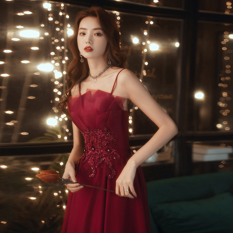 Bride's Toast 2026 New Winter-Autumn Elegant Wine Red Dress Suitable Casual Wear, Wedding, Engagement, Strapless Evening_ecoleips.com