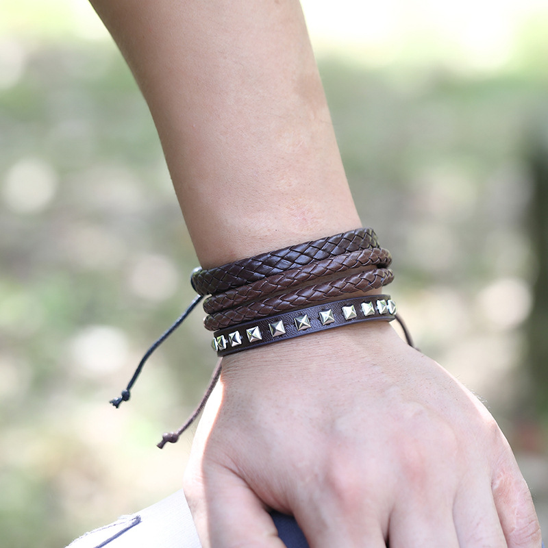 hot-selling fashion menu0027s cowhide retro multi-layer woven suit bracelet