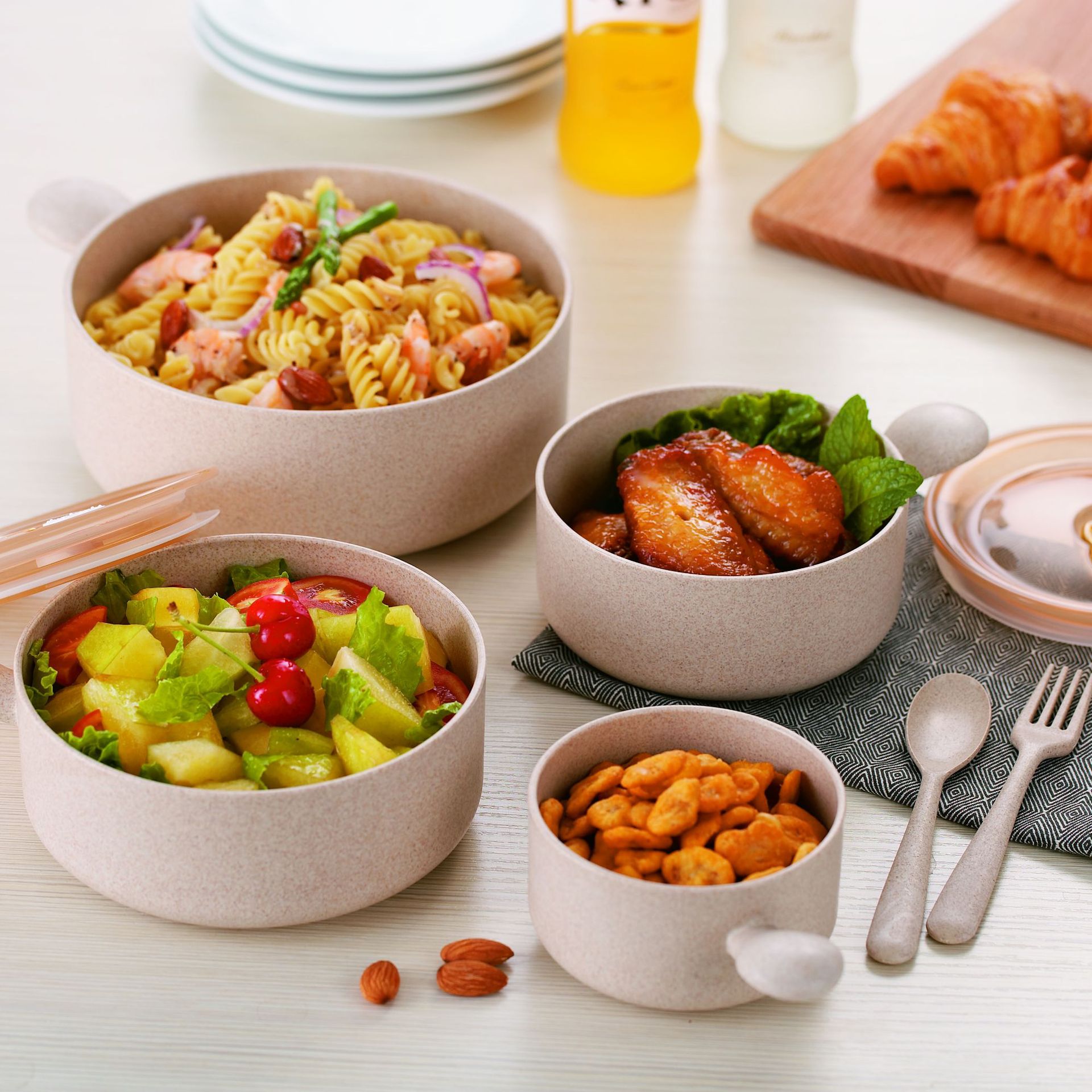 創意小麥餐具韓式面碗保鮮盒四件套 把手帶蓋保鮮碗 湯碗帶蓋批發