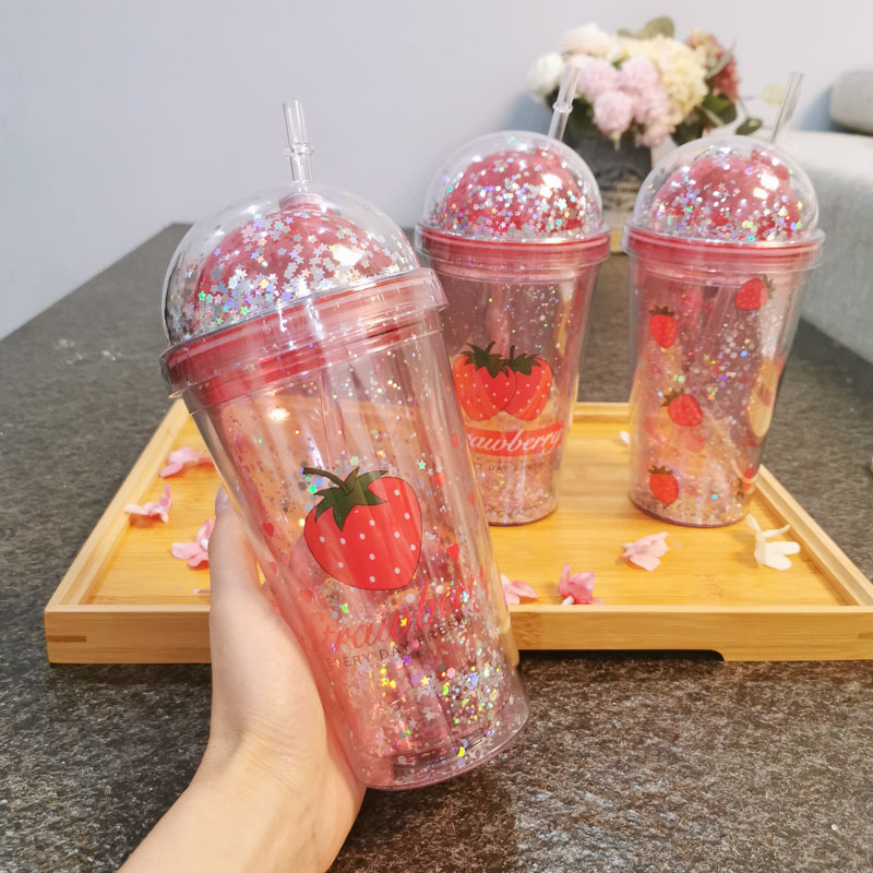 Taza de agua directa de fábrica patrón personalizado unicornio taza ins chica corazón doble capa taza de paja de plástico taza