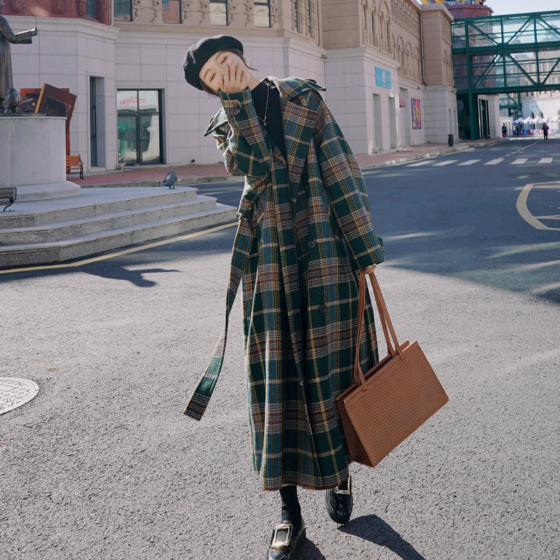 Green Plaid Loose Mid-length Woolen Coat