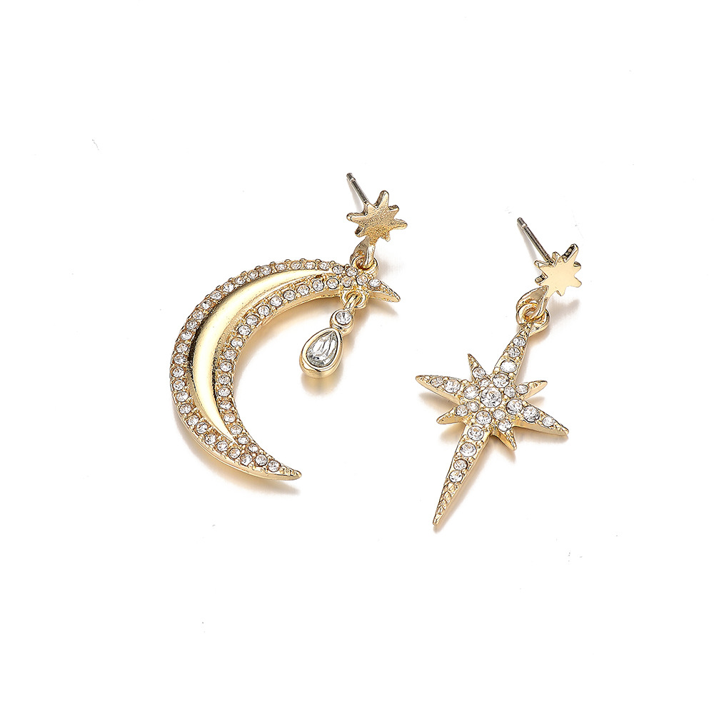 New Diamond Eight-pointed Star Moon Earrings display picture 3