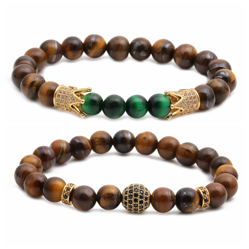 New Bracelet Tiger's Eye Frosted Stone Crown Diamond Ball Beaded Bracelet Set Wholesale Nihaojewelry display picture 3