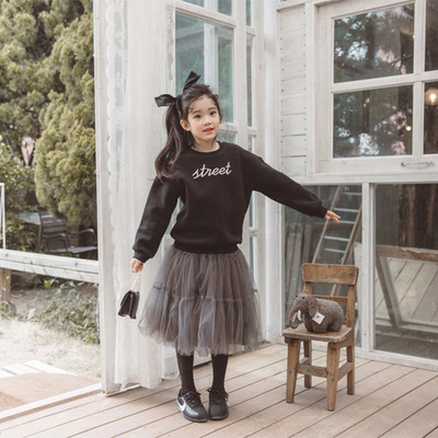 MoriGirl 2021 韩版中大童装加绒加厚秋冬装黑色绣花套头女童卫衣|ru