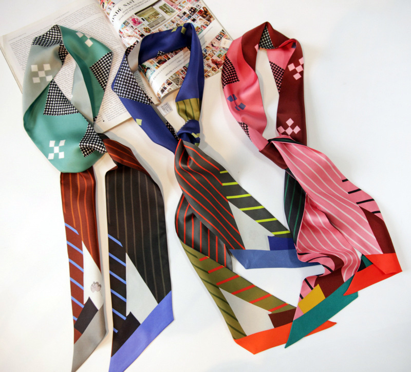 拼色几何千鸟格真丝长条装饰领巾女小丝巾搭西装绑包飘带长围巾|ms