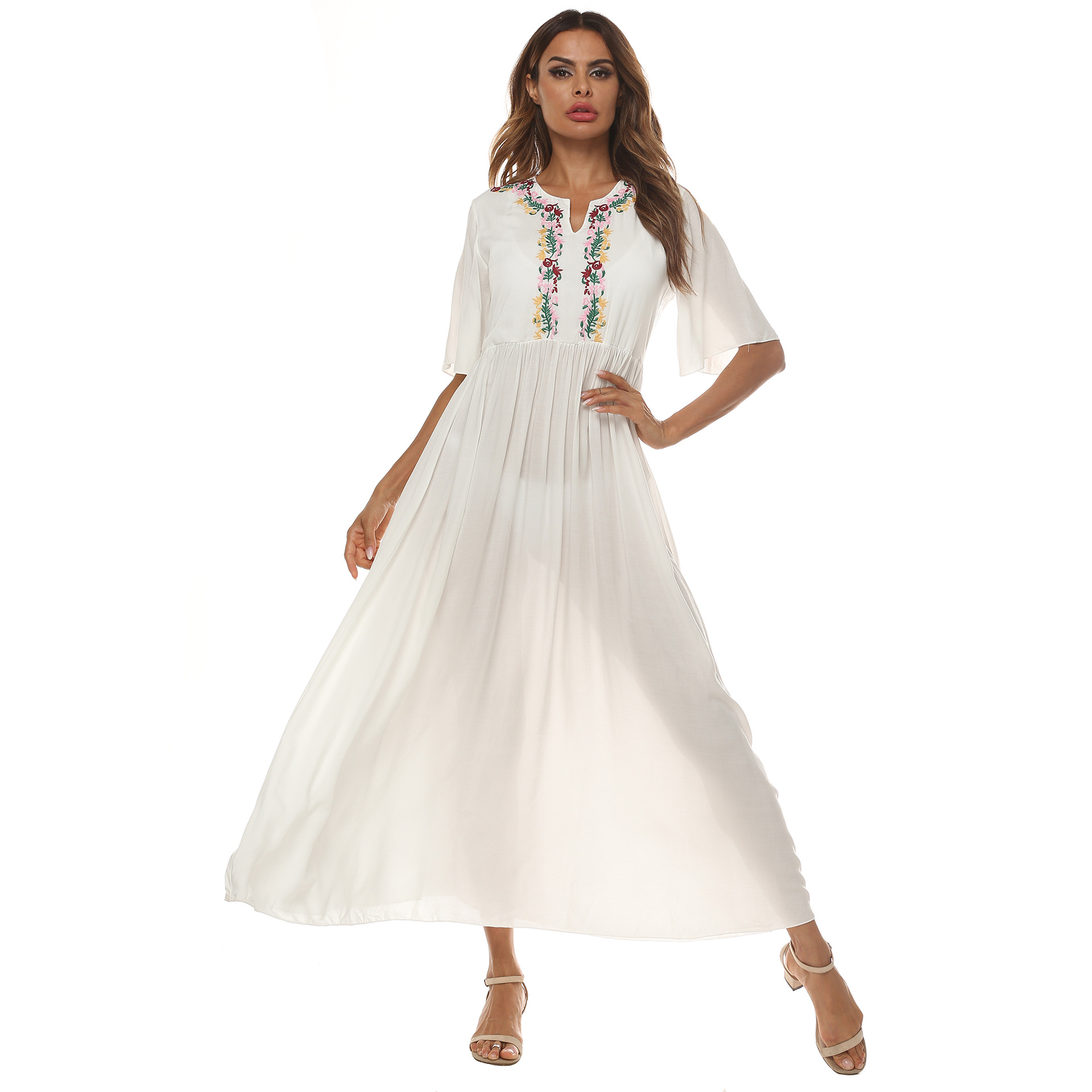 embroidery waist short-sleeved ethnic style long dress NSOY125579