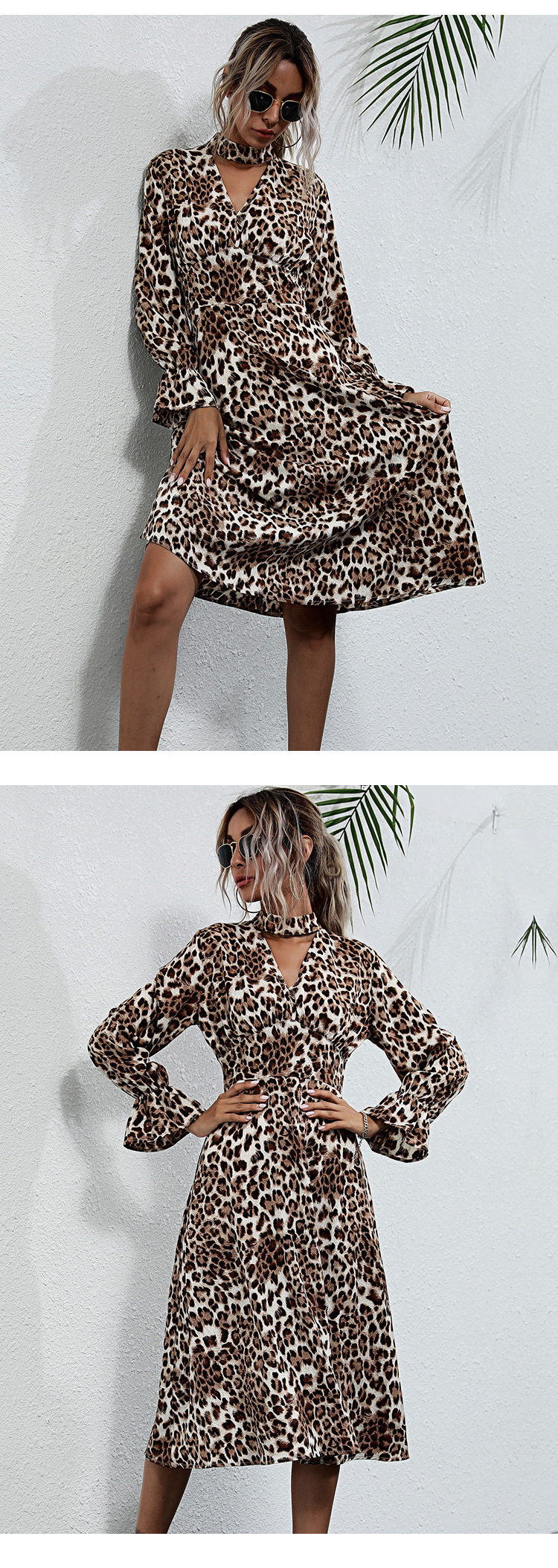 Women s Fashion V-neck Halter Slim Leopard Print Dress  NSJR17250