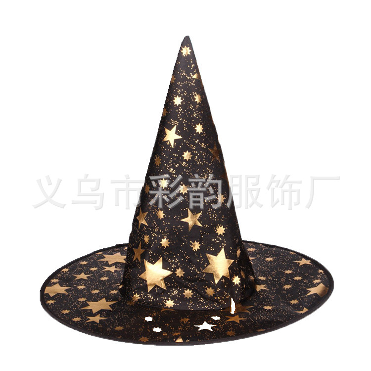 Fabricantes de gran cantidad de tela de araña estampada en stock sombrero negro agudo sombrero de bruja de tela de araña estampado en plata sombrero de bruja de Halloween