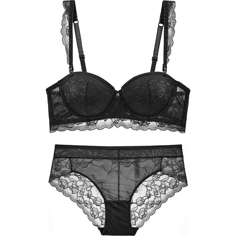 New Sexy Lace Overlay Half Cup Gathering Women's Bra Set Wedding Off the Shoulder Underwear_voghion.com
